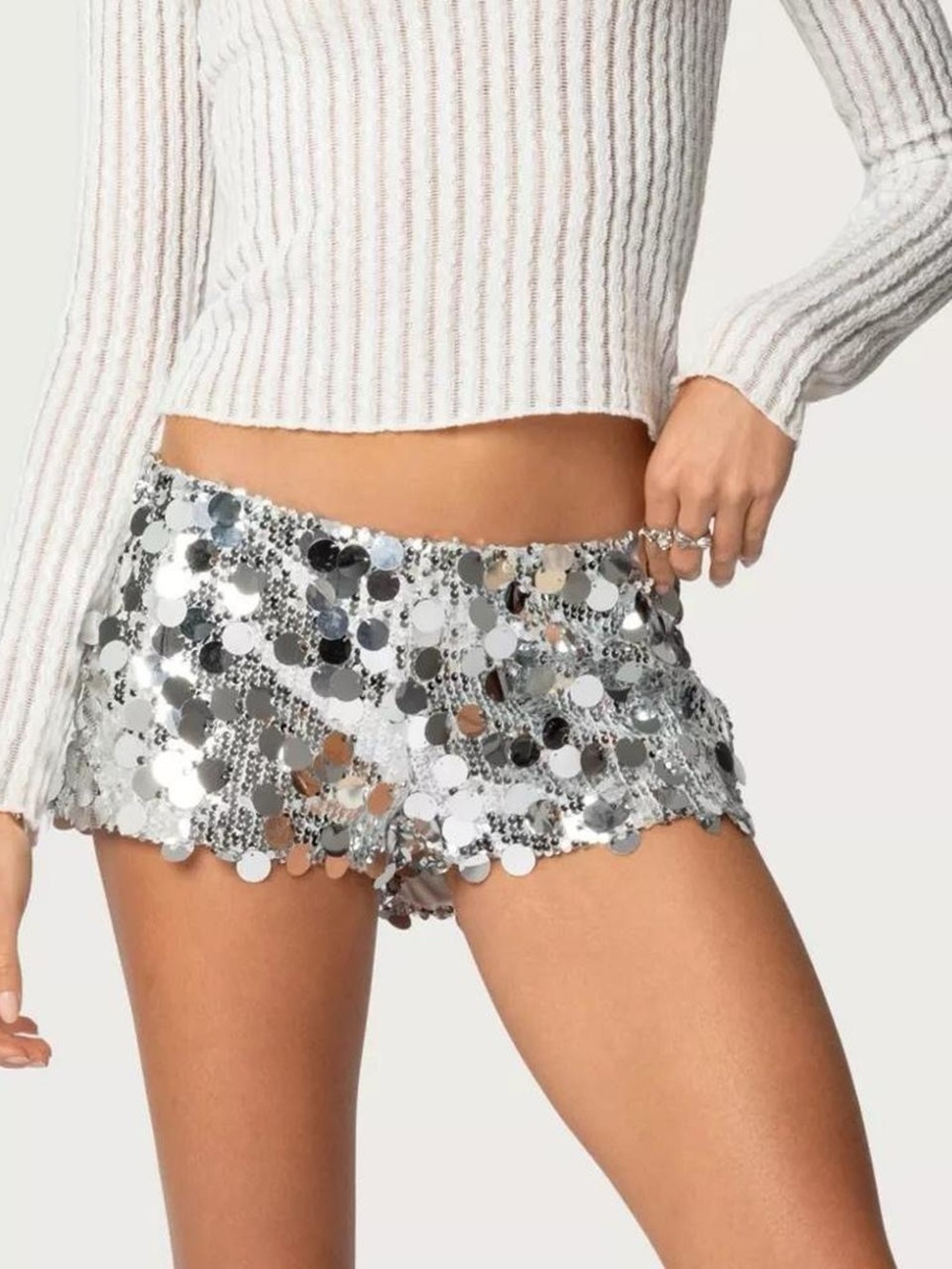 Edikted Sephira Sequin Micro Shorts Silver Womens Size XS NWT Rave Festival
